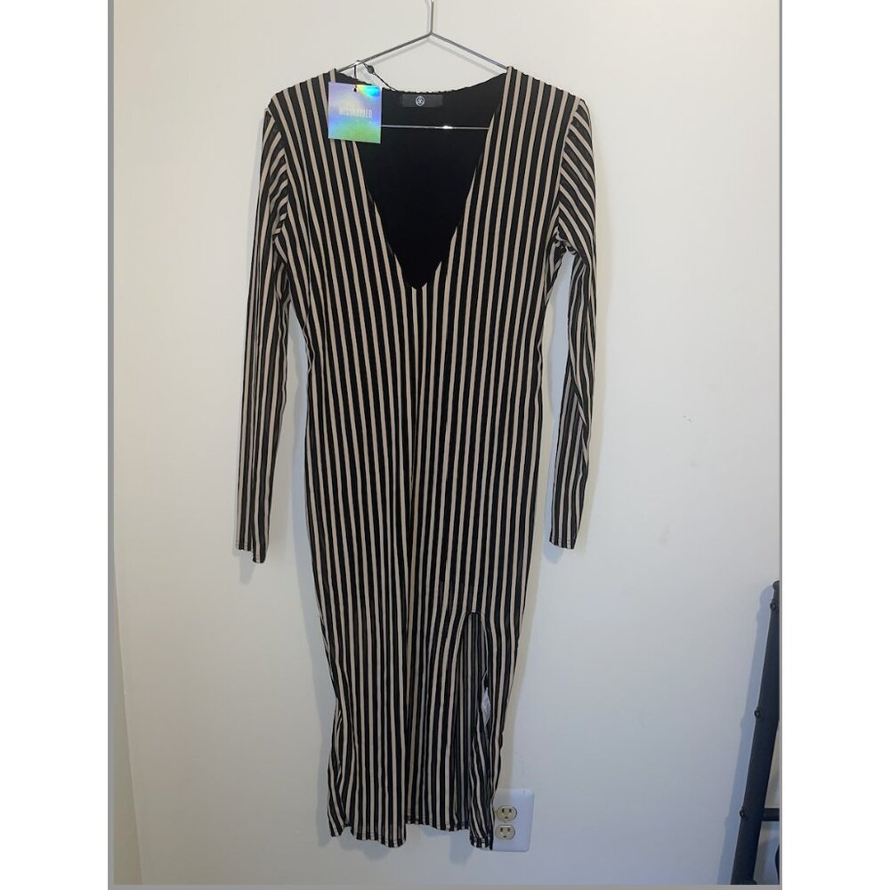 Missguided Black & Nude Stripe Mesh Midi Dress - Size 12 (NWT)